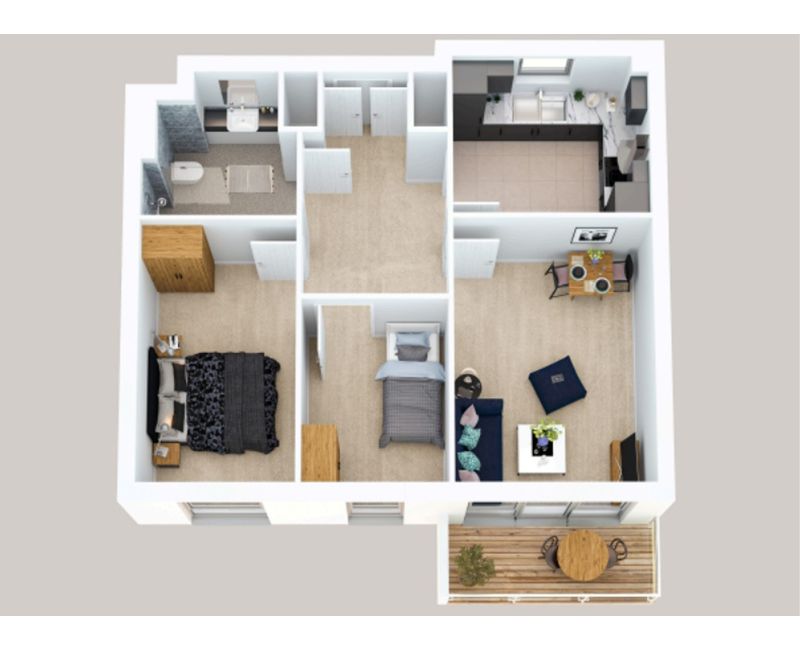 A 3D overhead floor plan of a two-bedroom apartment. It features a large living area with a blue sofa, a separate kitchen with dark cabinetry, two bedrooms (one double, one single), a bathroom with slate-grey tiling, and a wooden balcony with outdoor seating.
